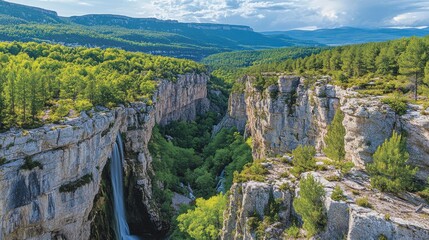 Waterfall plunges into green canyon. Stone cliffs with trees overlook valley. Water flows down rocky face. Forest covers mountains and hills in distance. Nature scenery background.