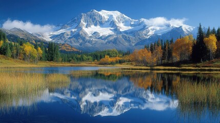 Snowy mountain reflects in clear lake water. Trees in autumn color surround the water on a bright sunny day. Blue sky overhead.
