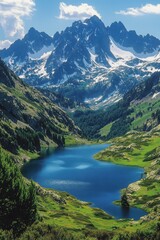 Naklejka premium Mountain Lake Scene. High peaks covered by snow. Green valley surrounding calm water. Serene landscape. Nature scenery. Peaceful blue lake. Summer background. Outdoor background.