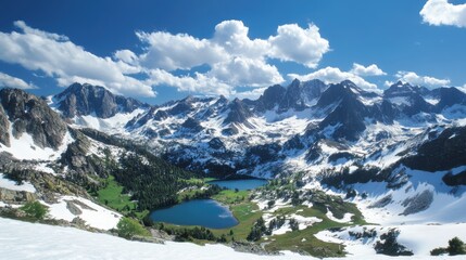 Obraz premium Mountain peaks covered in snow under blue sky. High view of lakes and green forest. Scenic landscape of nature and weather.