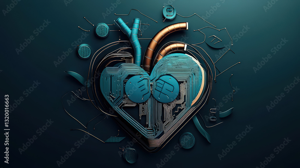 Poster digital heart design with circuit patterns and metallic elements, symbolizing technology and love