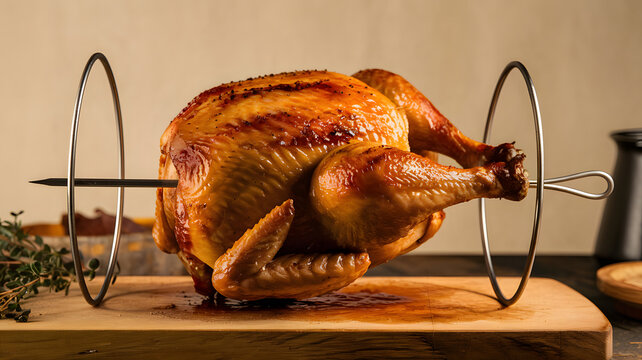 a single roasted chicken, positioned horizontally on a large metal skewer