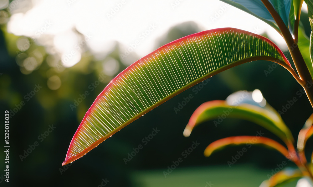 Poster vibrant close-up of a colorful leaf with distinct red edges against a soft green background
