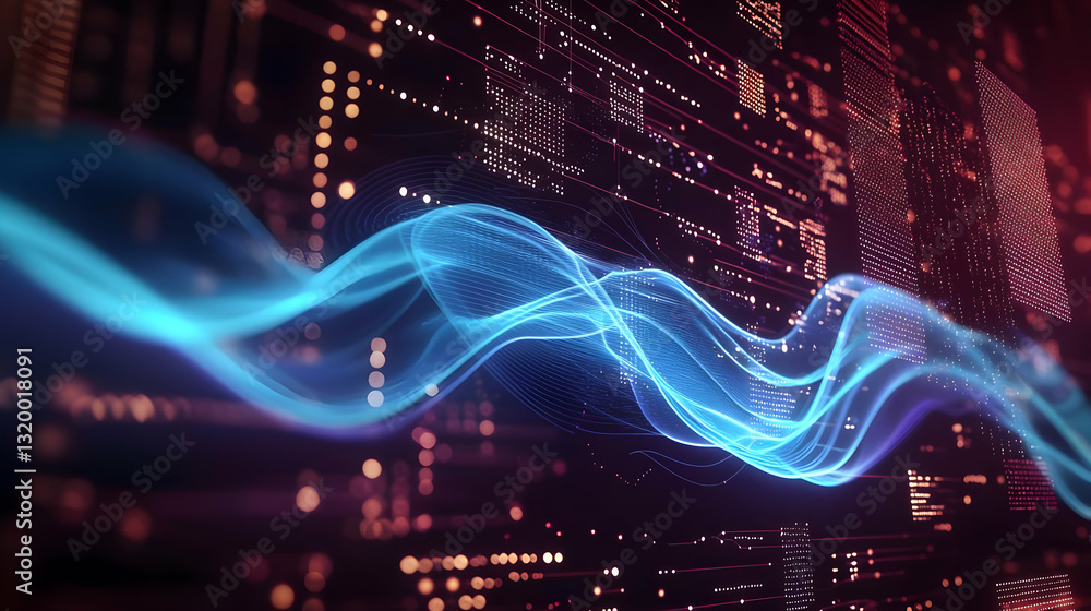 Aufkleber abstract digital wave flowing across intricate circuit board with blue and red tones in futuristic c