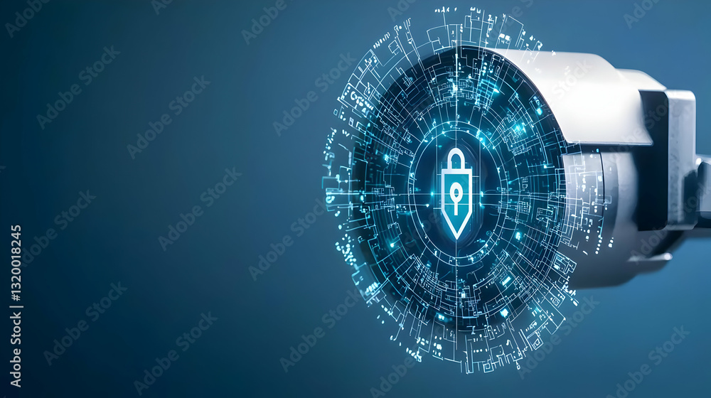 Poster futuristic cybersecurity concept with glowing blue lock icon within a network of digital data on a b