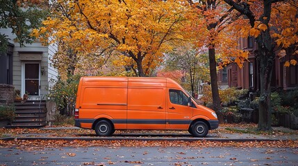 Obraz premium Vibrant Orange Delivery Van Surrounded by Autumn Leaves in Urban Setting