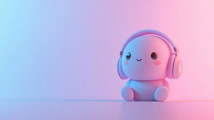 Obraz premium Cute cartoon character with headphones in calming pink and blue background