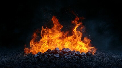 Fiery flames burning brightly above dark charcoal rocks on ground