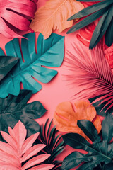 Vibrant Tropical Leaves Arrangement on Pink Background