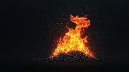 Fototapeta premium Burning flames emerge from a pile of dark small objects
