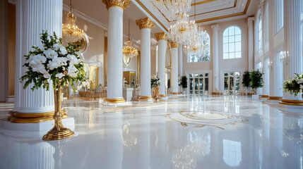 luxurious ballroom with grand columns, chandeliers, and floral arrangements creates elegant atmosphere for events