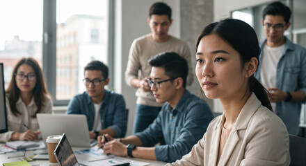 Coworkers gather in a contemporary office setting, engaged in a collaborative discussion about their project while focusing on computers and notes. The atmosphere is professional and productive