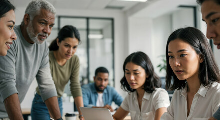 In a contemporary office, coworkers engage in a collaborative brainstorming session. They focus on a digital device, sharing ideas and insights to enhance their project