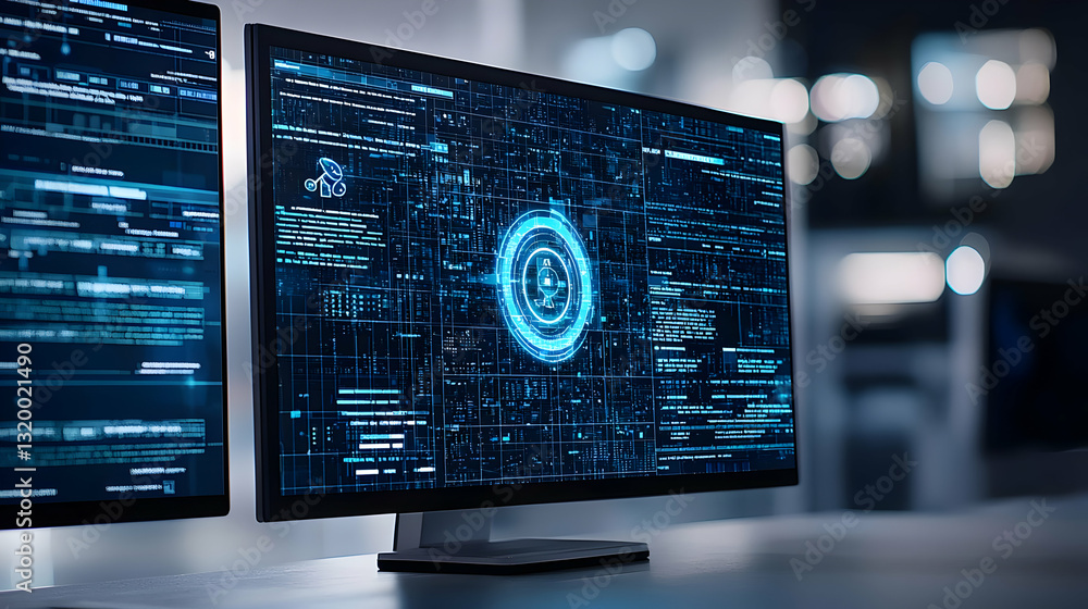 Poster futuristic cybersecurity center with large screen displaying complex code in dark blue tones
