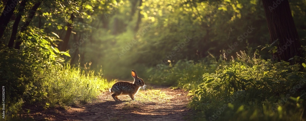 Poster a small rabbit wanders along a path in a sunlit forest
