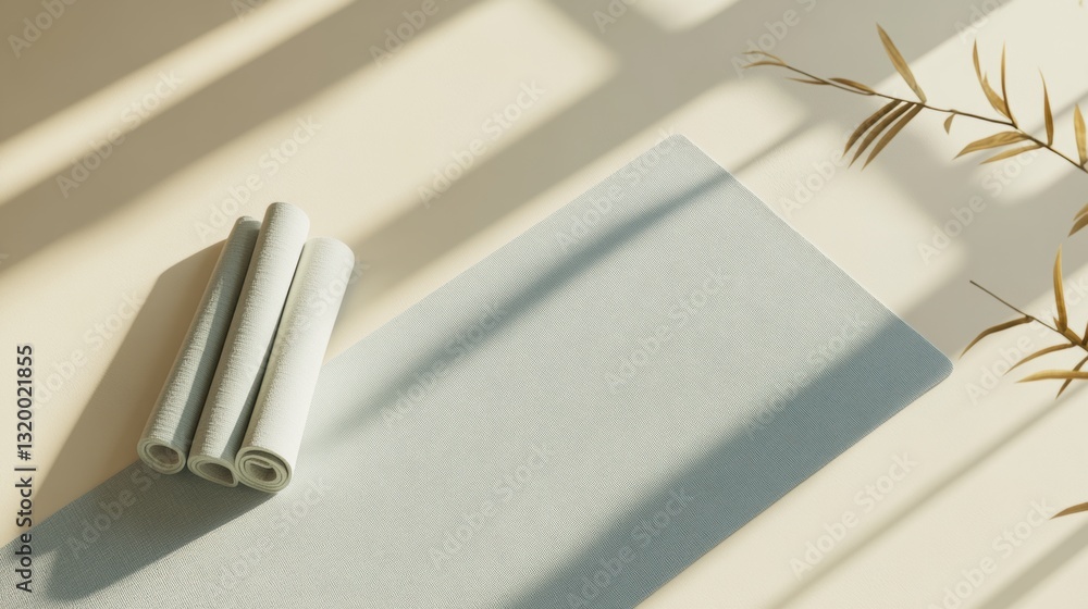 Aufkleber Minimalistic yoga mat positioned diagonally on a light surface with muted tones creating a serene atmosphere for practice