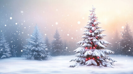 Obraz premium Snowy Christmas Tree Scene with Soft Light and Gentle Snowfall