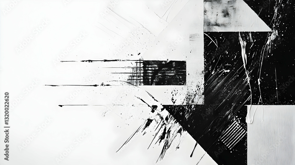 Poster dynamic black and white abstract art with geometric shapes and ink splatter texture on white backgro