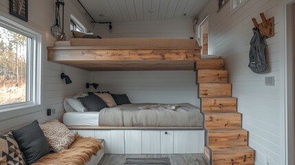 Cozy and Modern Tiny House Interior with Lofted Bed and Wooden Accents