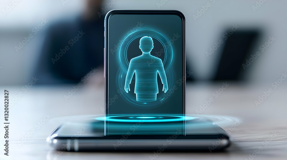 Poster futuristic hologram of a human figure projected from a smartphone on a reflective surface with a blu