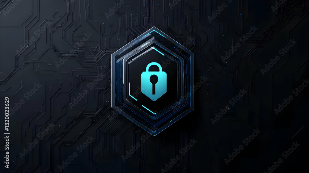 Poster blue padlock icon on hexagonal circuit board depicting cybersecurity concept on dark background