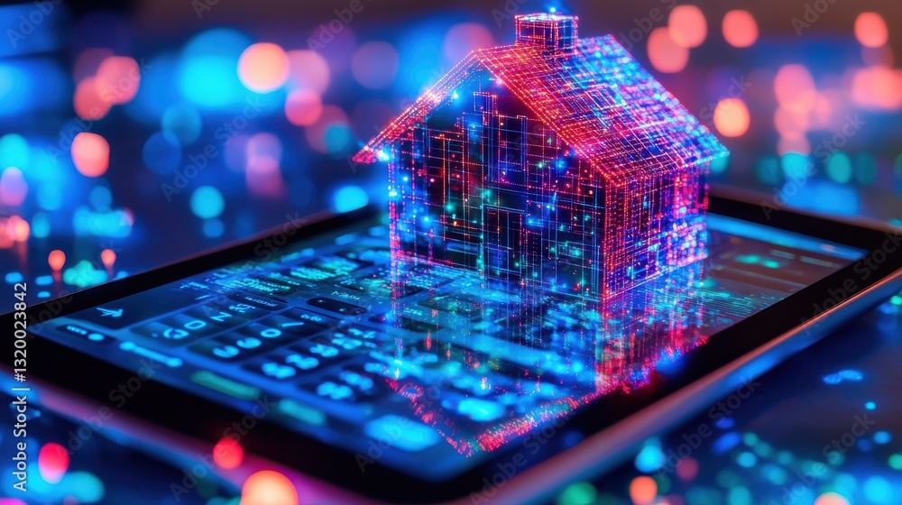 Poster digital house model on tablet screen with colorful lights representing smart home technology and inn