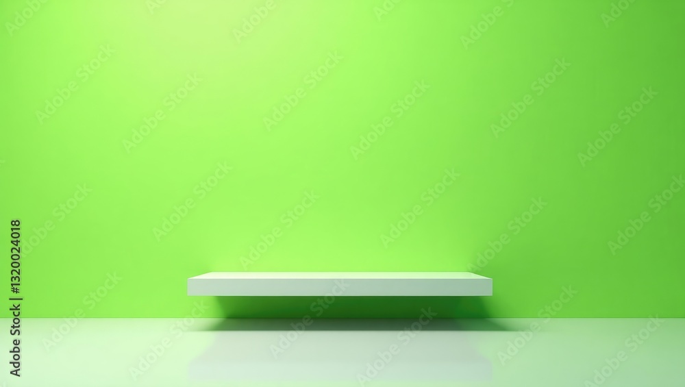 Poster empty shelf against a green wall. scene in the backdrop of a template. horizontal background.