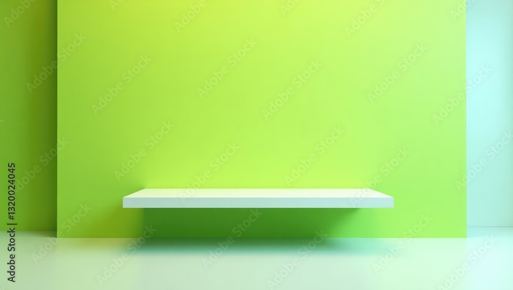 Poster green wall featuring an empty shelf. scene set against a template backdrop. horizontal orientation.