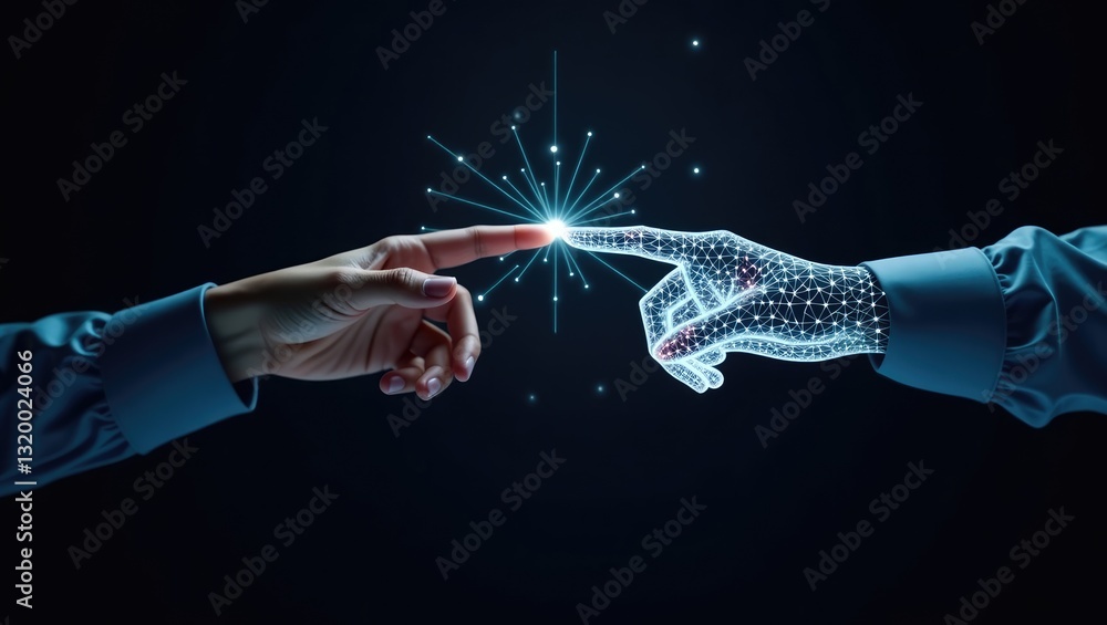 Poster hand interacting with a modern interface for digital transformation and metaverse concept. connectio