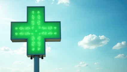 Obraz premium Green glowing medical cross signaling a pharmacy's location. Medical cross banner against a sky backdrop.