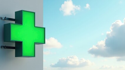 Obraz premium Green glowing medical cross signifying a pharmacy's location. Medical cross banner against a sky backdrop.