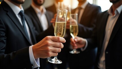 Group of businessmen celebrating the conclusion of a successful deal, guests clinking raised glasses, toasting and cheering, colleagues in an office during a corporate party event.