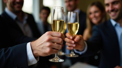 Group of businessmen celebrating the closing of a successfully concluded deal, guests clinking and raising glasses, toasting and cheering, colleagues in the office at a corporate party event.
