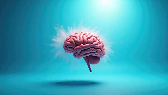 Floating human brain against a blue backdrop. Mind blown concept.