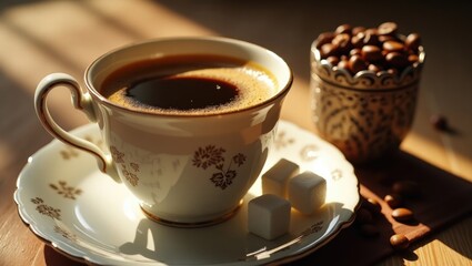 In the early morning light, a still life featuring a cup of espresso, sugar, and coffee beans. A freshly brewed, strong cup of coffee presented in a porcelain cup. A delightful cup of coffee.
