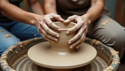 happy family on a creative vacation. romantic couple in love collaborating on a potter's wheel and shaping a clay vase, a man and a young woman crafting a pot in a studio workshop.