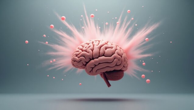 Human brain suspended against a gray backdrop. Mind blown concept.