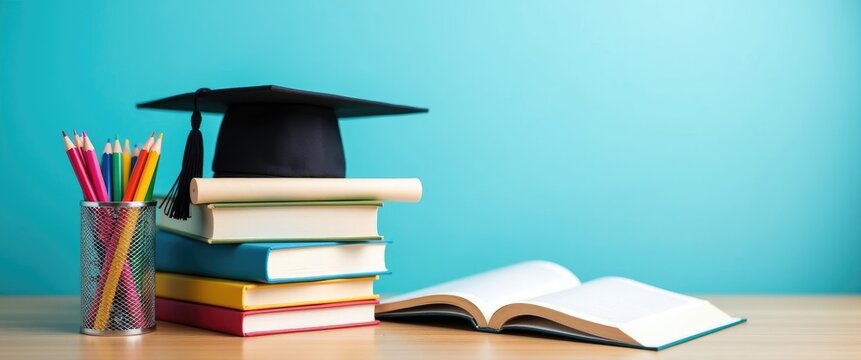 Graduation day. A mortarboard and diploma resting on a stack of books with colored pencils in a pencil case against a blue backdrop. Education learning theme.