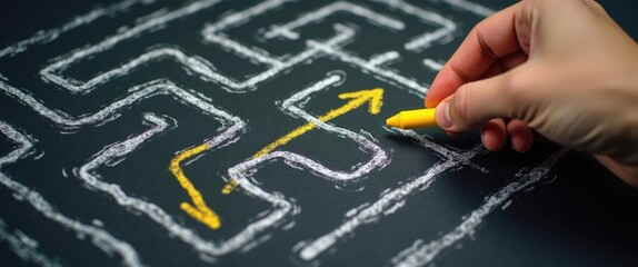 Hand-drawn a shortened direct path through a maze game, simplifying communication or fast solution concept.