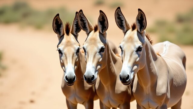 Herd of Onagers. Captive-born animals that are extremely rare because they are nearly extinct in the wild. Dusty road, grass, foal, mare, and studs.