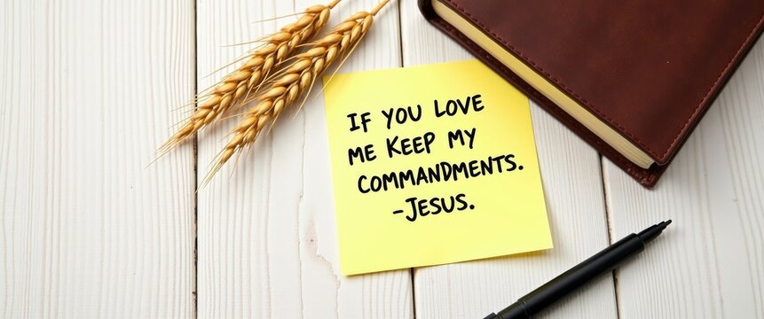 Words in sacred text say, "If you love Me, keep My commandments," accompanied by ripe wheat on a wooden surface. Close-up. The concept of disciples' obedience and faith in God, biblical theme.