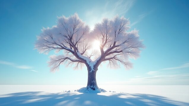 Heart-shaped tree in a snowy winter landscape with a white scene. The tree of love and snow under blue sunlight. A beautiful scenery featuring a heart-shaped tree.