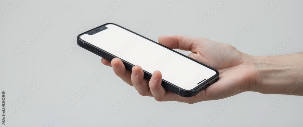 Poster hand holding smartphone empty display - isolated on white background