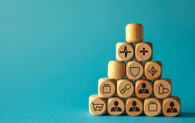 Healthcare and medical services concept, wooden blocks with health icons, pyramid structure, wellness, insurance, hospital, doctor, treatment, protection