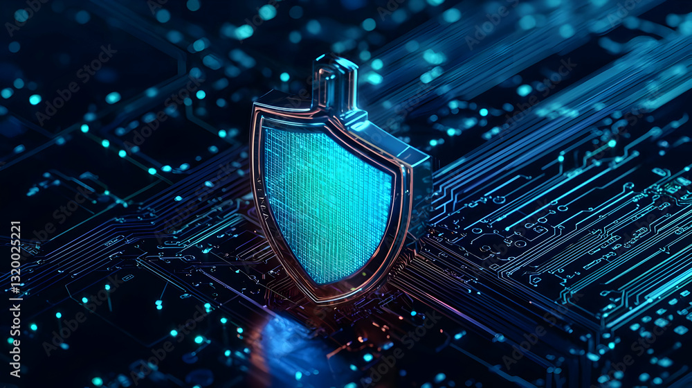 Poster glowing blue and green shield symbol on circuit board representing data security and digital protect