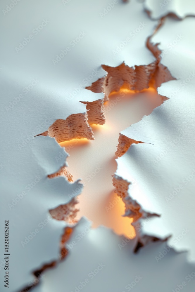 Poster hole torn in white paper set against a white background with space for text