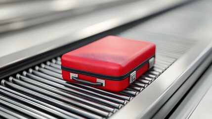 Bright Red Suitcase on Luggage Conveyor Belt at Departure Terminal