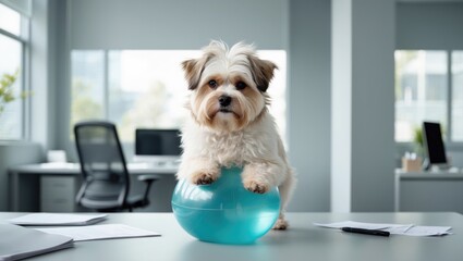 Havanese rests on a stability ball in a workplace.