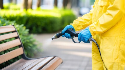 Workers cleaning and maintaining public street furniture in the park