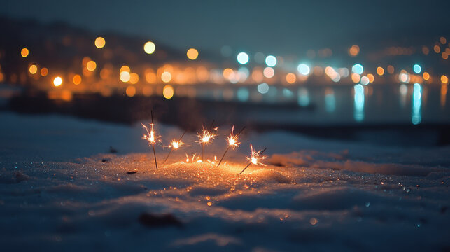 Sparkling Sparklers on Snowy Surface with City Lights Background